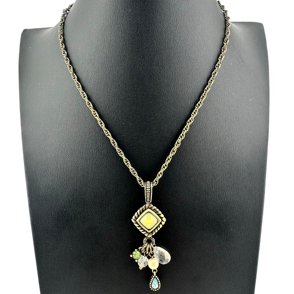 lia sophia Green Rhinestone Blue Teardrop Faux Pearl Bronze Tone 18" Necklace
